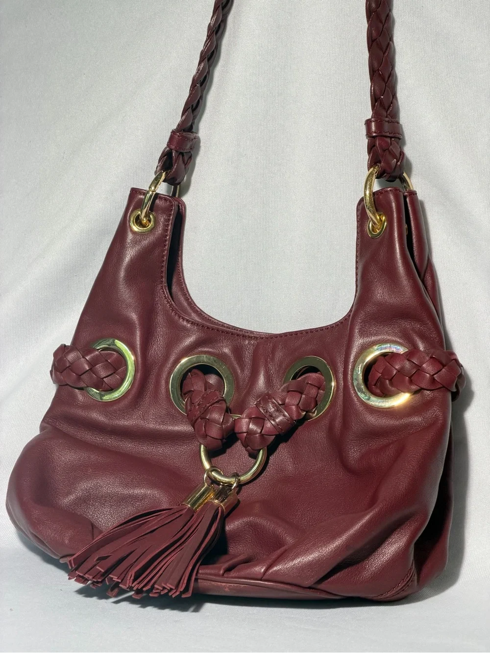 Michael Kors Burgundy Leather Braided Grommet Tassel Shoulder Bag Gold Hardware